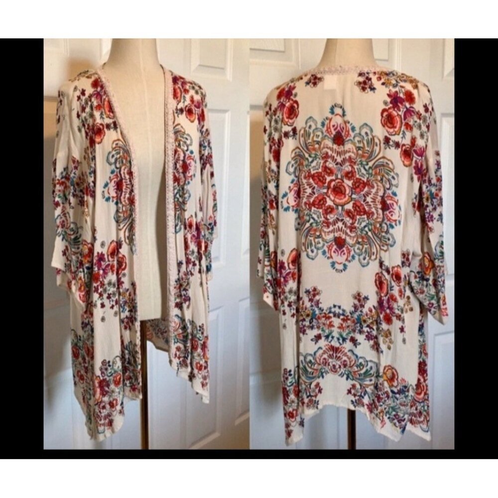 Bila Boho Hippie Floral Long Kimono Duster Cover-Up Cardigan Sz M/L‎  Lace Trim